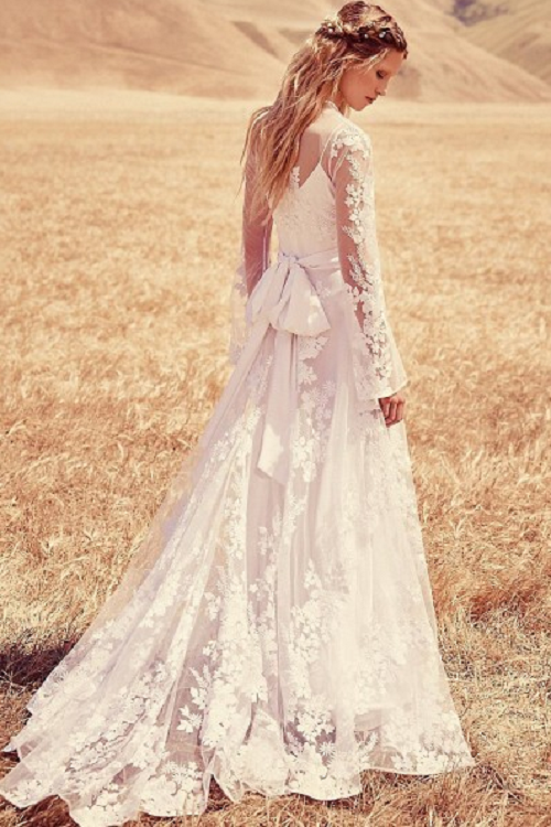 Vintage Inspired Boho Long Sleeve Lace Wedding Dress with Sash 
