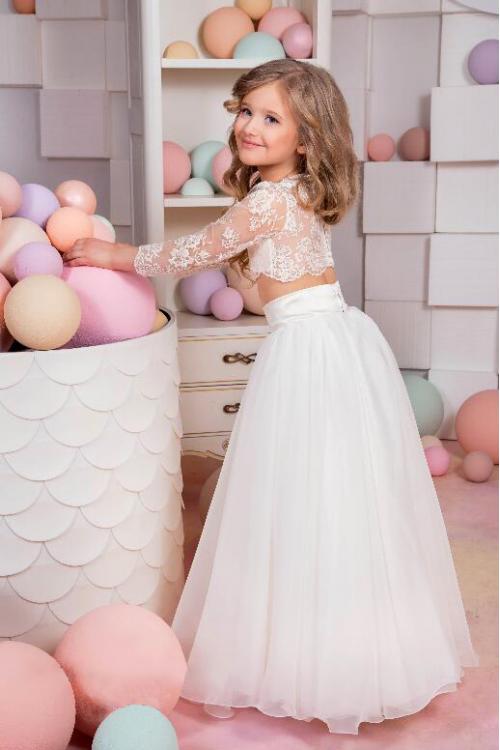 Vintage Two Piece A-line Bateau Long Sleeve Lace Flower Girl Dress 