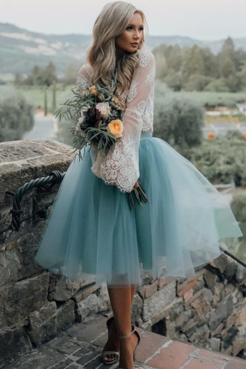 Two-piece Long Sleeve Lace Transparent Top A-line Knee Length Tulle Skirt Bridesmaid Dress 