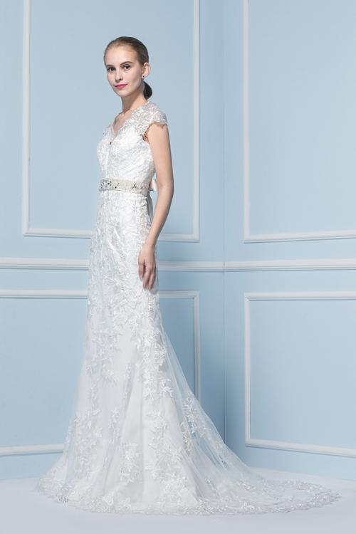  Sheath V-neck Cap Sleeve Lace Sweep/Brush Train Wedding Dresses