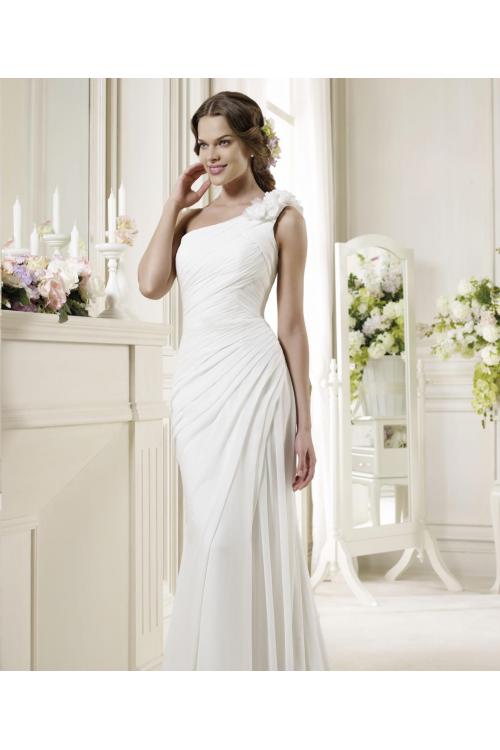 Simple Sheath/Column One Shoulder Hand Made Flowers Sweep/Brush Train Chiffon Wedding Dresses 