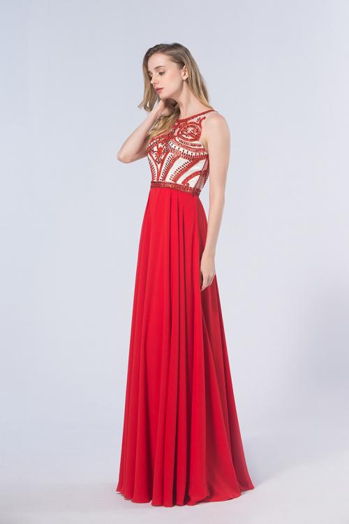 Sparklly Beading A-line Sleeveless Long Red Chiffon Prom Dress 