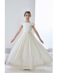  A-line Jewel Neck Short Sleeve Bow(s) Pearl Detailing Floor-length Long Communion Dresses