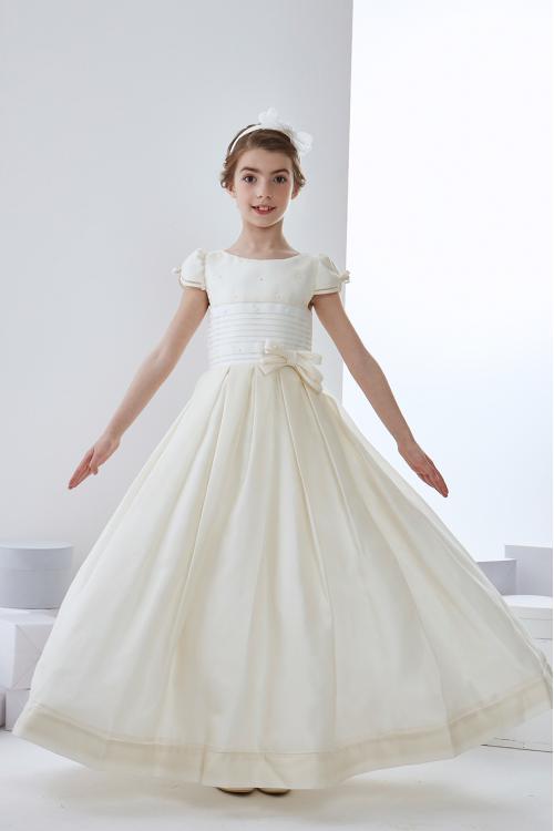  A-line Jewel Neck Short Sleeve Bow(s) Pearl Detailing Floor-length Long Communion Dresses