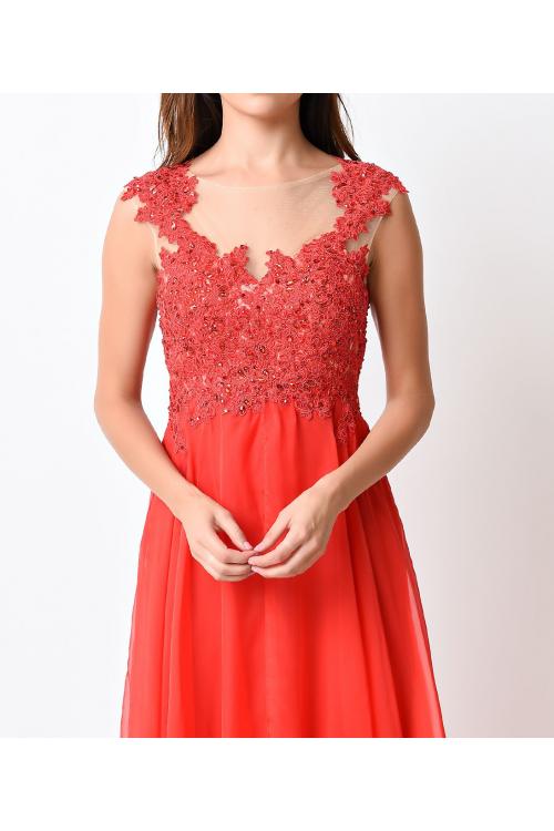 Chic Sleeveless Lace Bodice Long Coral Chiffon Prom Dress 