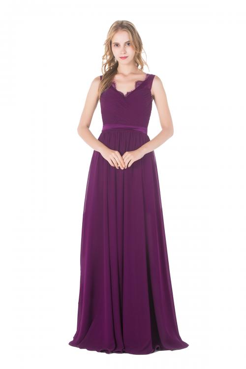 Vintage Lace Straps Pleated Long Eggplant Chiffon Bridesmaid Dress 