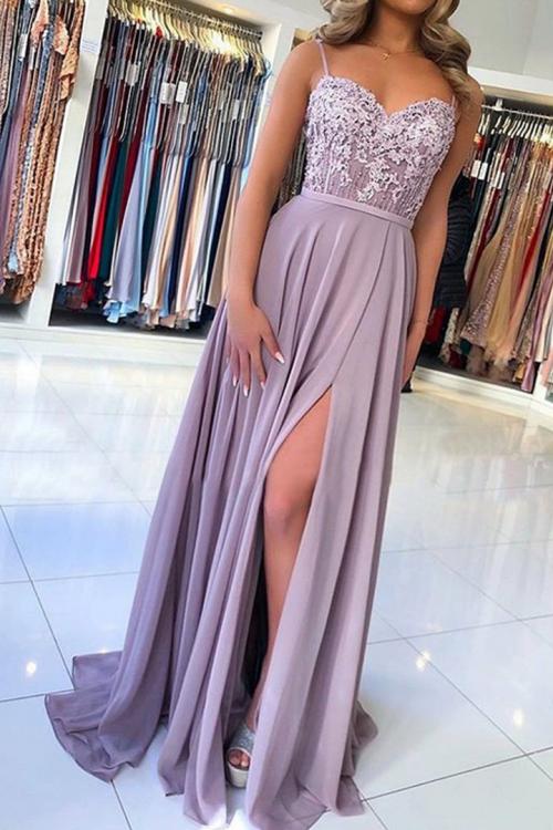 Spaghetti Straps Lace Appliques Beading Split Floor length Long Chiffon Prom Dress