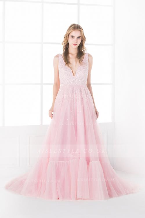 Sparkly Beading V Neck Sleeveless A-line Pink Tulle Prom Dress