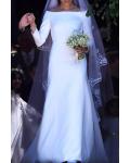 Elegant Ivory Bateau-Neckline Long Sleeve Cathedral Train Long Satin Meghan Wedding Dresses