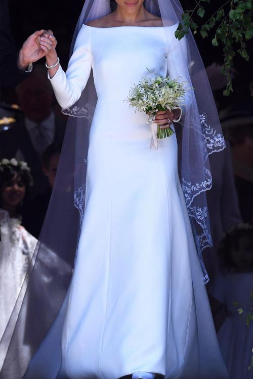 Elegant Ivory Bateau-Neckline Long Sleeve Cathedral Train Long Satin Meghan Wedding Dresses