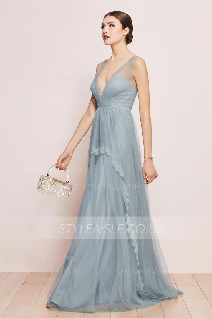  A-line V-neck Sleeveless Lace Floor-length Dusty Blue Long Tulle Prom Dresses