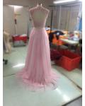 Jewel Neck Cap Sleeve Beading Long A-line Blush Tulle Prom Dress 