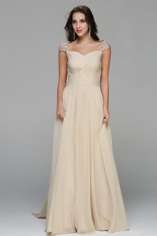 Beading A-line Long Champagne Chiffon Junior Prom Dress 