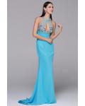 One Sleeveless Halter Neck Long Sheath Blue Chiffon Prom Dress 