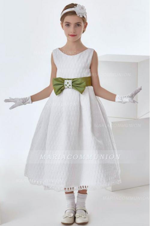 Simple A-line Sleeveless Bow(s) Sashes/Ribbons Tea-length Long Lace Communion Dresses