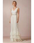  Trumpet/Mermaid V-neck Sleeveless Lace Ruffles Sweep/Brush Train Long Wedding Dresses