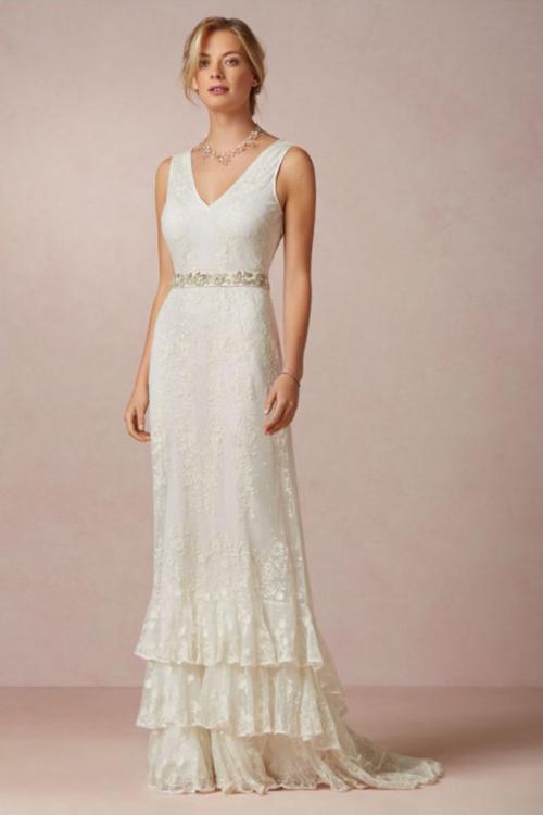  Trumpet/Mermaid V-neck Sleeveless Lace Ruffles Sweep/Brush Train Long Wedding Dresses