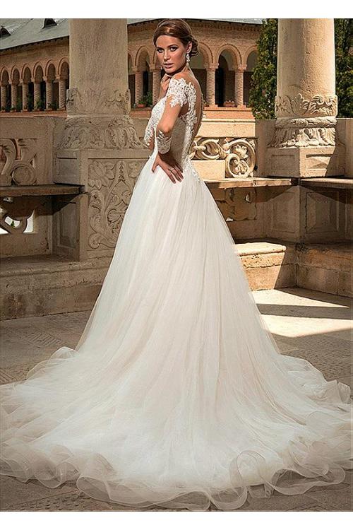 Long Sleeve Off Shouder Illusion Tulle Wedding Dress with Full Back 