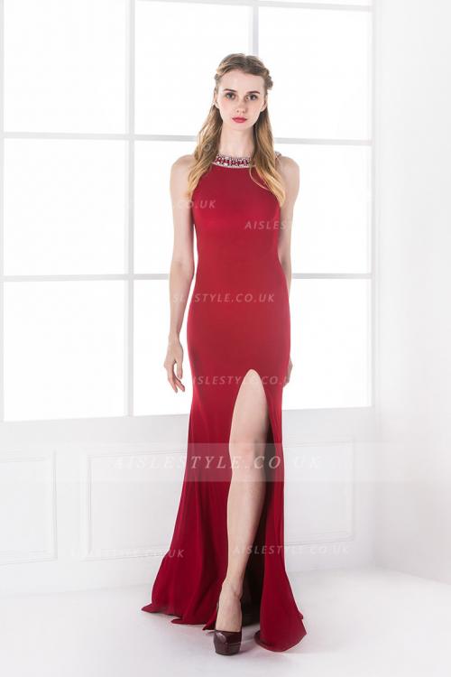  Tight/Bodyhuge Jewel Sleeveless Beading Pleated Long Prom Dress