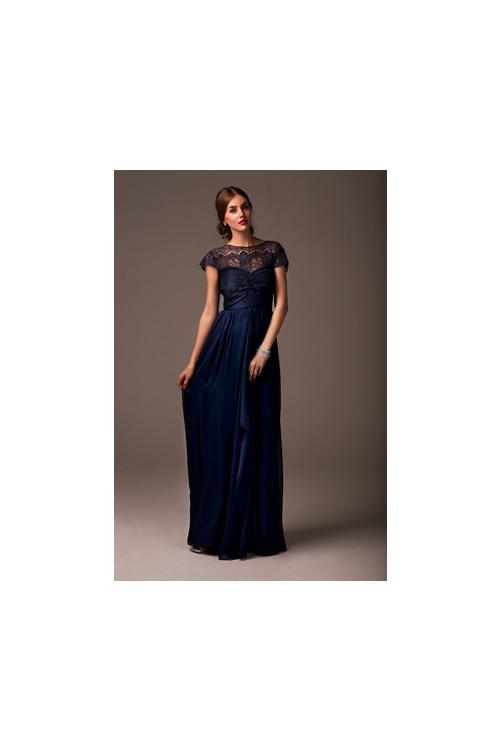 Modest Bateau Neck Lace Bodice Sheath Long Chiffon Bridesmaid Dress 