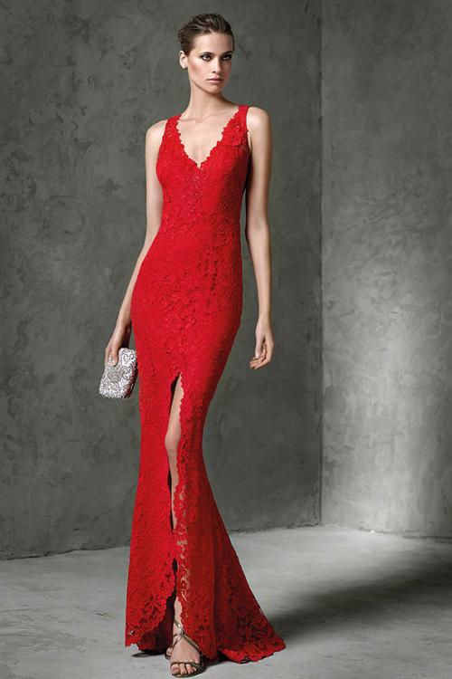 Exquiiste V Neck Split Front Sheath Lace Prom Dress with Keyhole Back 