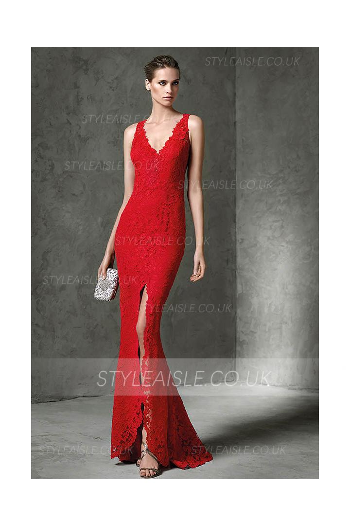 Exquiiste V Neck Split Front Sheath Lace Prom Dress with Keyhole Back 