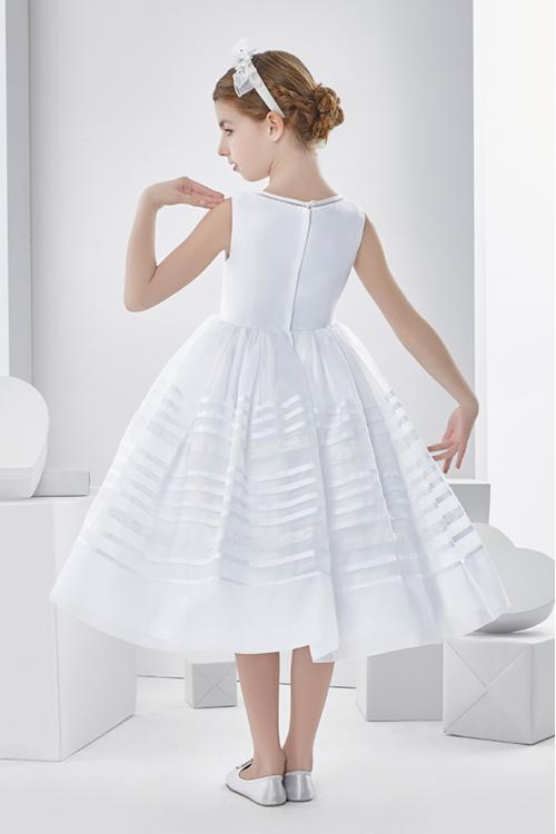 Sleeveless Ball Gown Organza Tea Length First Communion Dress with Bow 