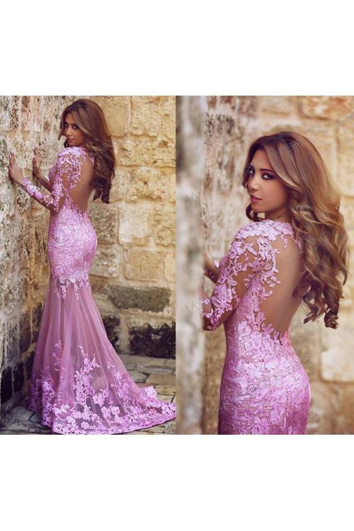 Delicate Lace Appliqued Long Sleeved Mermaid Tulle Lace Covered Long Prom Dress 