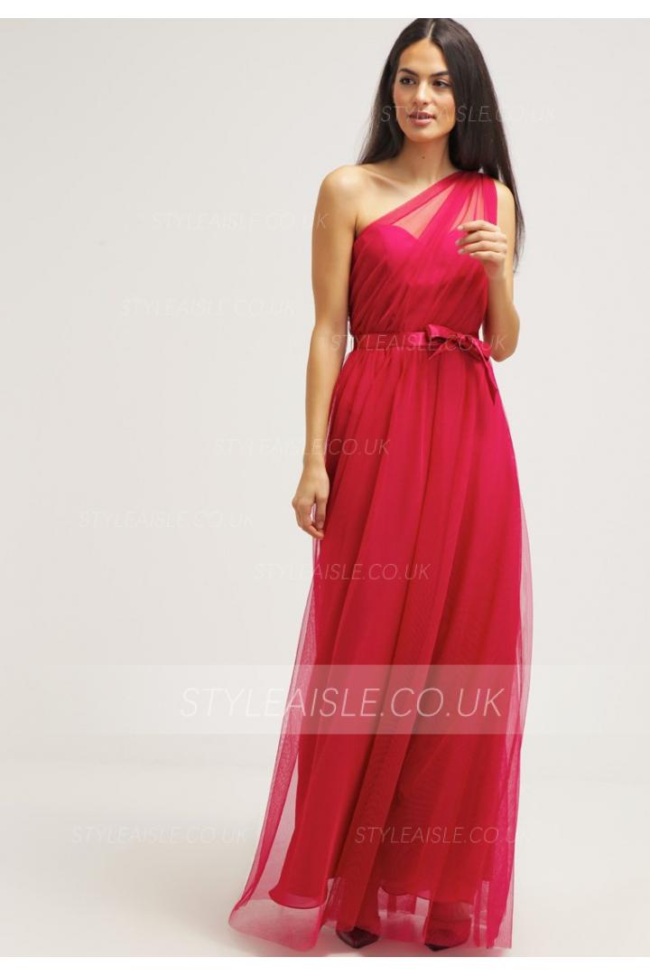 Simple Sleeveless One Shoulder Long Pleatded Tulle Bridesmaid Dress with Sash 