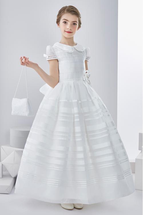 Ball Gown High Neck Short Sleeve Bow(s) Floor-length Organza Communion Dress