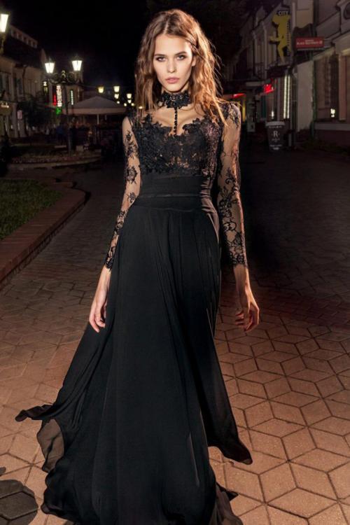  A-line High Neck Long Sleeves Buttons Floor-length Long Lace Prom Dresses