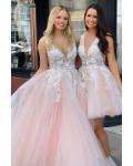Elegant V-neck Sleeveless Lace Appliques Floor-length Long Tulle Prom Dress