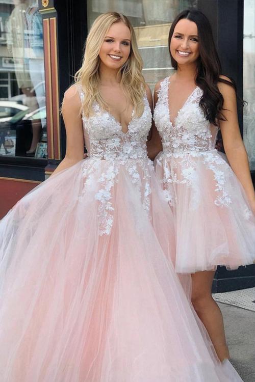 Elegant V-neck Sleeveless Lace Appliques Floor-length Long Tulle Prom Dress