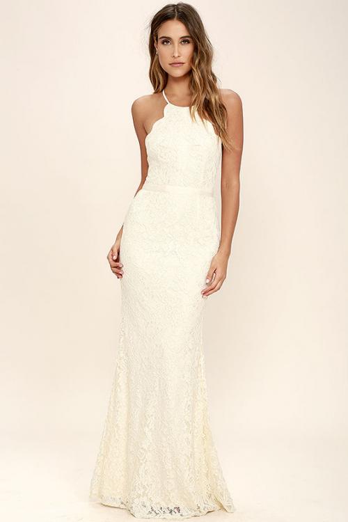 Sleeveless Halter Neck Long Sheath Lace Prom Dress Ivory