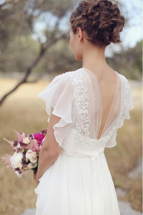 Beautiful V Neck Long A-line Chiffon Outdoor Wedding Dress with Flutter Sleeves and Lace Details 