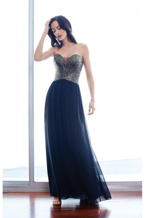 Sparkly Sequins Long A-line Navy Blue Chiffon Prom Dress