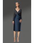  Sheath/Column V-neck Long Sleeves Beading Tulle Bodice Bow Split Knee-length Short Satin Cocktail Dresses with Buttons Back
