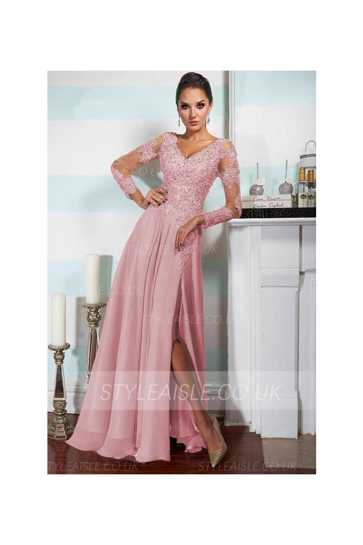 HOt Sale Long Sleeved Beaded A-line Split Chiffon Long Prom Dress 