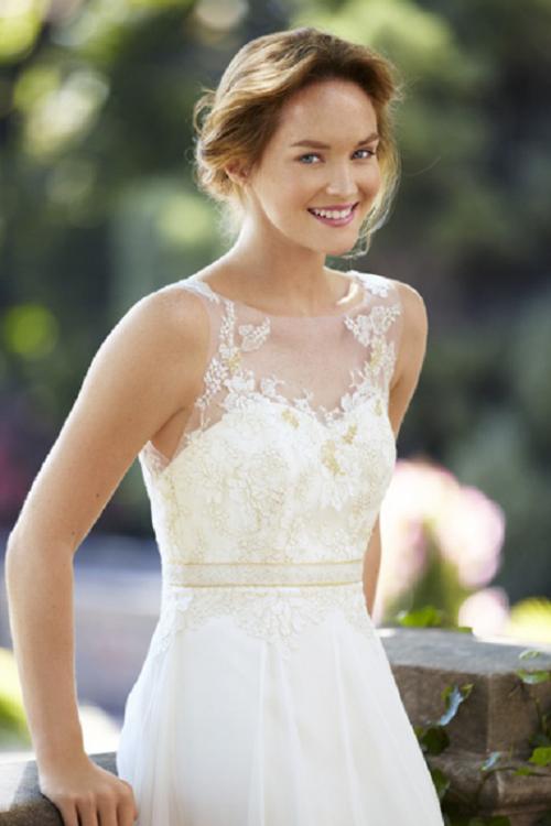 Illusion Neck Sleeveless Lace Bodice A-line Chiffon Wedding Dress with Ribbon 