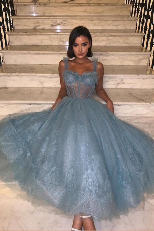 Fog Blue Spaghetti Straps Sweetheart Sleeveless Lace Ankle length Long Tulle Prom Dress