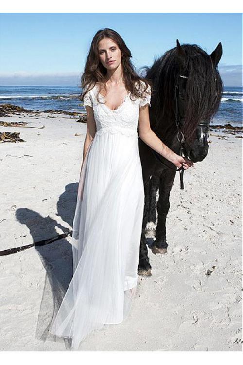 Boho V Neck Empire Lace Tulle Beach Wedding Dress 