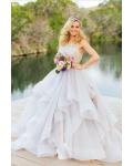 Ivory Lace Bodice Bateau Neck Ball Gown Cascaded Ruffled Organza Wedding Dress 