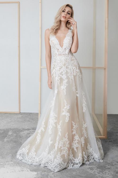  A-line V-neck & Mesh Neckline Sleeveless Court Train Long Wedding Dresses with Removable Beading Sash (Picture shown - Ivory Dress with a layer of champagne tulle inside)