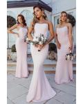 Simple Pale Pink Mermaid Strapless Sleeveless Floor-length Long Satin Bridesmaid Dresses