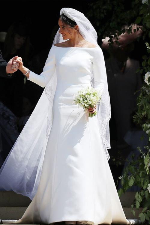 Elegant Ivory Bateau-Neckline Long Sleeve Cathedral Train Long Satin Meghan Wedding Dresses