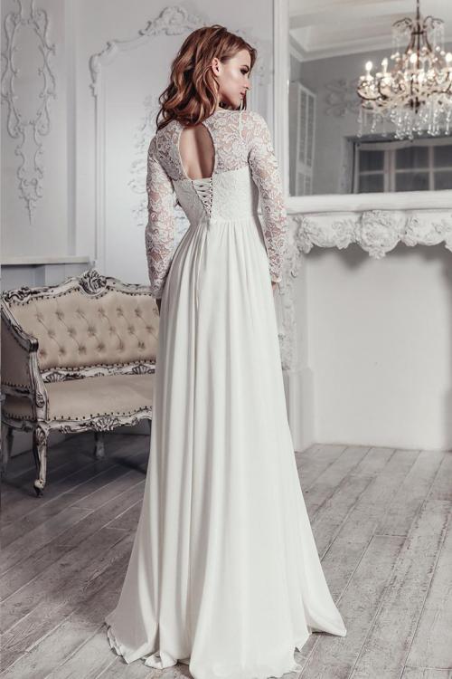 Reception Jewel Neckline Long Sleeve Lace Floor-length Long Chiffon Wedding Dresses with Keyhole Back