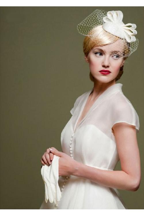 V Neck Cap Sleeved Tea Length Short Wedding Dress with Bow Ribbon 