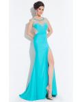 Illusion Bateau Neck Sheath High Split Long Jersey Prom Dress with Beading 