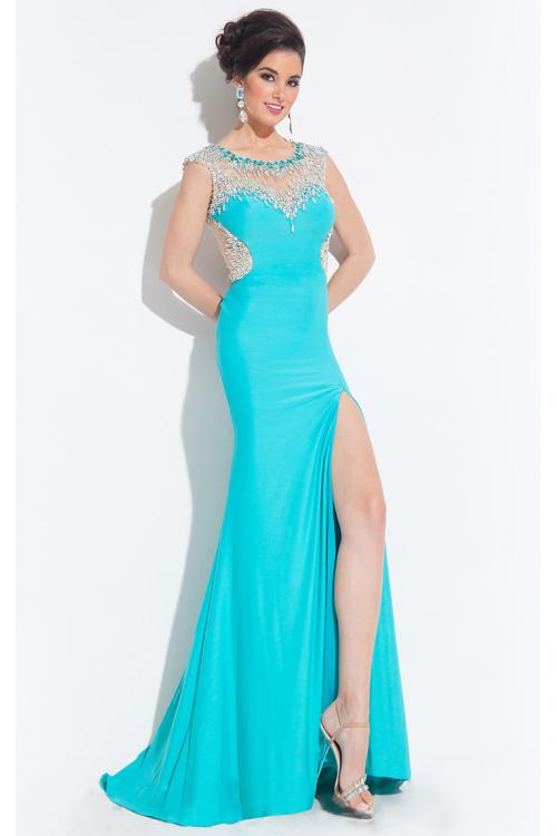 Illusion Bateau Neck Sheath High Split Long Jersey Prom Dress with Beading 