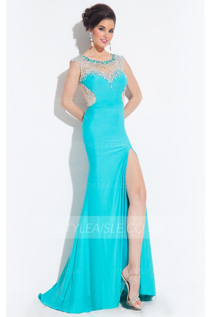 Illusion Bateau Neck Sheath High Split Long Jersey Prom Dress with Beading 